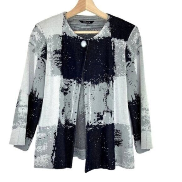 Misook Grey and Black Graphic Squares Cardigan - Picture 1 of 5